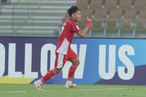 Selebrasi Zahaby Gholy dalam laga Piala Asia U-17 2025 antara Timnas Indonesia U-17 vs Yaman, Senin (7/4/2025). (c) AFC