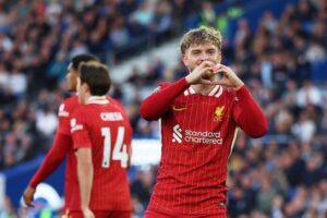 Selebrasi Harvey Elliott dalam laga Premier League antara Brighton vs Liverpool, Selasa (20/5/2025). (c) AP Photo/Ian Walton